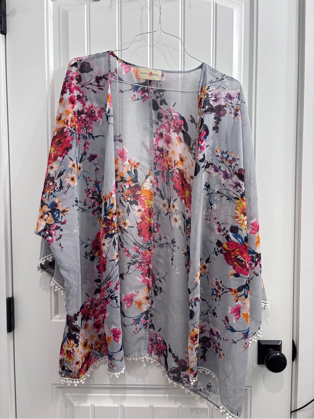 Wishful Park Gray Floral Pom-Pom Kimono